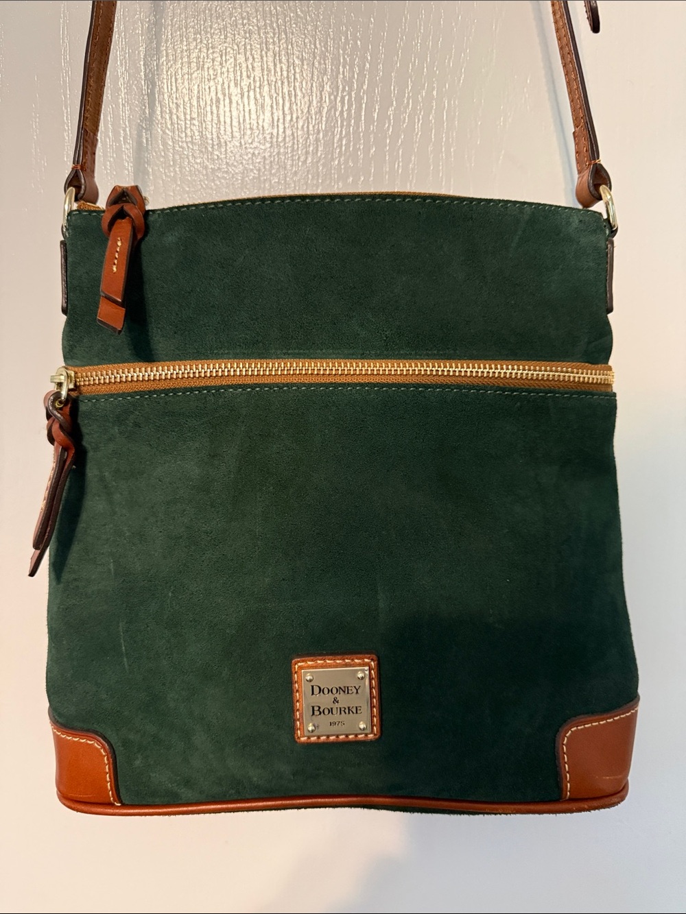 Dooney & Bourke Dark Green Suede Crossbody with Brown Trim